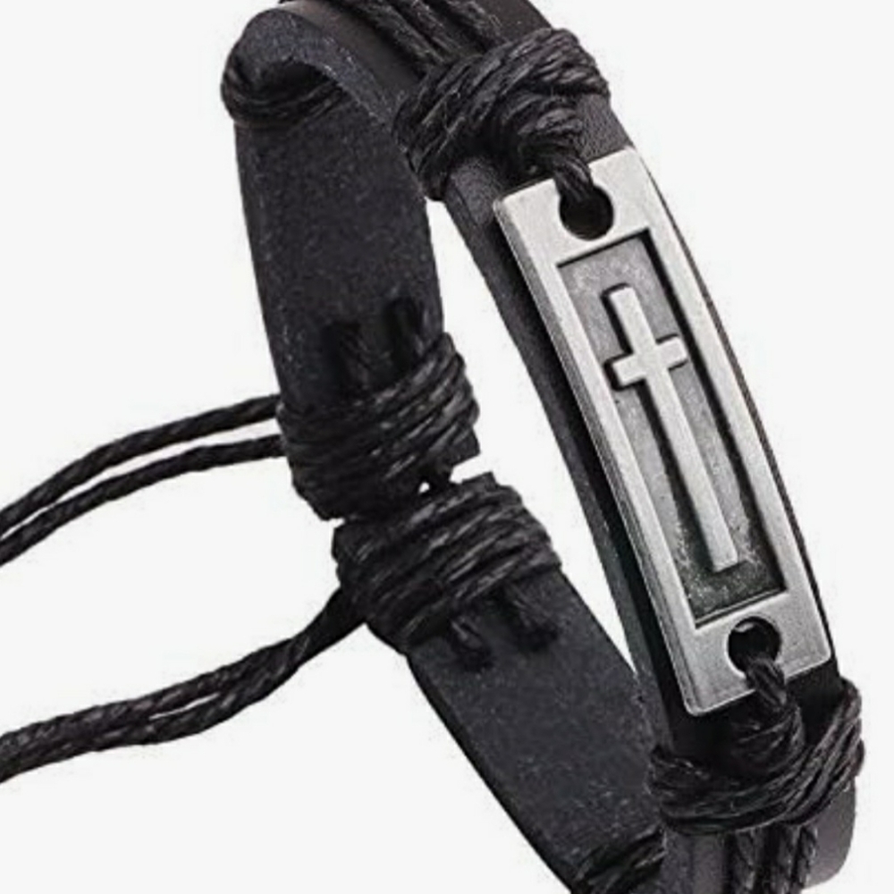 Black Leather Bracelet with Silver Cross